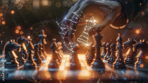 The digital hand of AI orchestrates a strategic masterpiece as the chess king triumphantly beats other pieces on the board. 

 photo