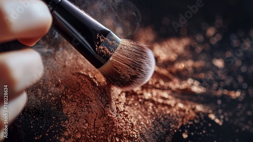 Macro shot of a makeup artist's hand, perfecting skin with a powder brush, showcasing expert blending techniques photo