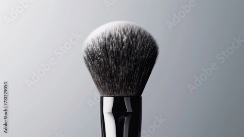 Zoomed-in elegance of a powder brush against a minimalist backdrop, highlighting its fluffy bristles and blending prowess