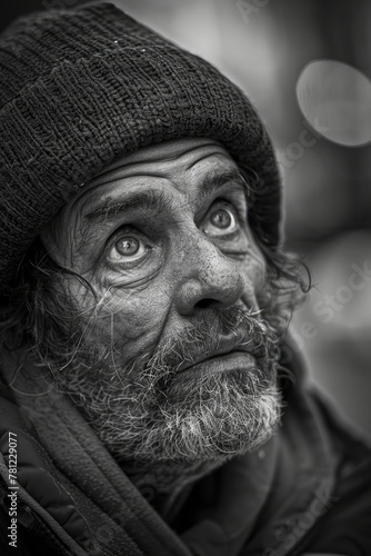 In a crowded street, a camera man captures the plight of the homeless, his tear a testament to the injustice of their situation