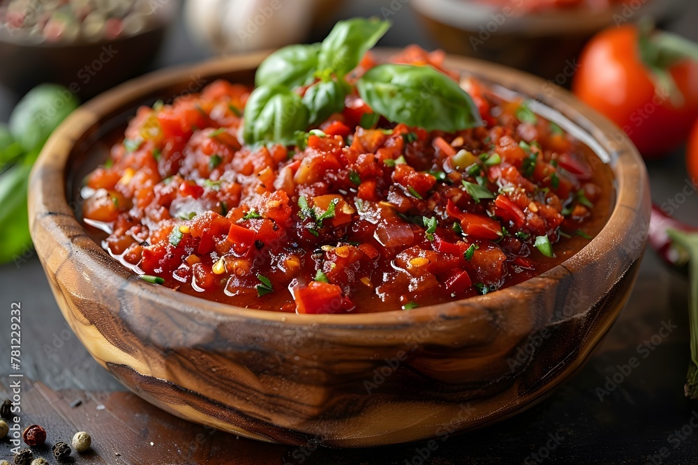 Closeup of vegan Arrabbiata sauce in a wooden bowl over white background. Concept Food Photography, Vegan Cuisine, Wooden Props, White Background, Closeup Shot Closeup of vegan Arrabbiata sauce in a wooden bowl over white background. Concept Food Photography, Vegan Cuisine, Wooden Props, White Background, Closeup Shot