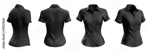 Set of woman black button up short sleeve collar slim fitting shirt front, back, side view on transparent background cutout, PNG file. Mockup template for artwork graphic design