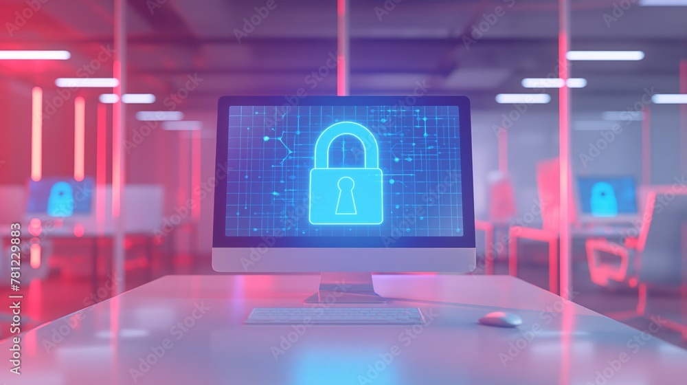 desktop computer placed on a table within an office setting. On the computer screen, there is a prominently displayed icon of a glowing padlock symbol desktop computer placed on a table within an office setting. On the computer screen, there is a prominently displayed icon of a glowing padlock symbol