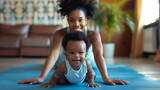 A woman and a child are lying on a blue sports mat. AI.