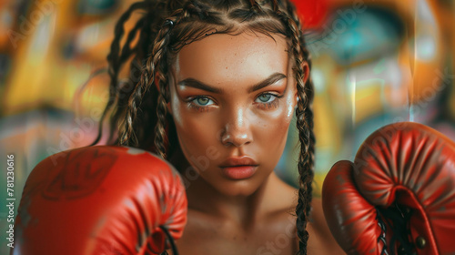 A young girl with boxing gloves on a graffiti background. AI. © Alex Alex