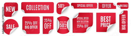 Round, square, rectangular, twisted red sale banners, labels, tags. Set of red paper stickers for sale on a white background. Vector illustration