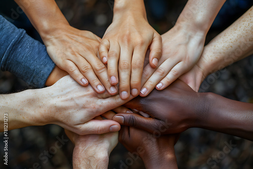 Capture the essence of unity and teamwork with a close-up top view of young people putting their hands together in a stack, symbolizing friendship and solidarity