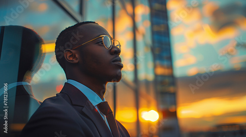 A young African American businessman looks forward confidently against a backdrop of a sunset over the city. Dynamic young boss in contemplation, empire-building dreams. photo