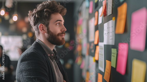 Young creative professional man reviewing colorful sticky notes on a planning board in a dynamic office environment.