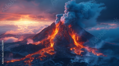 A dramatic volcanic eruption with glowing lava flows and ash clouds illuminated by fiery sunset light. photo