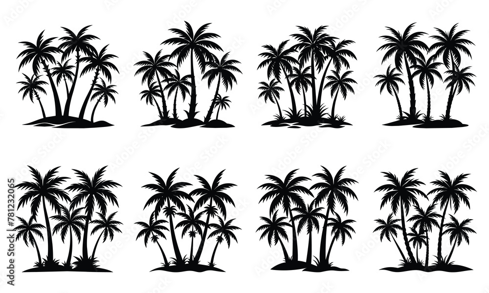 Coconut tree island and Palm tree island silhouette vector	