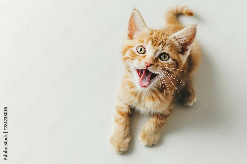 Cute and playful small cat sitting looking up with funny face on white studio background. Portrait of ginger tabby kitten having fun with its tongue out. Beautiful cute striped feline close up. Banner