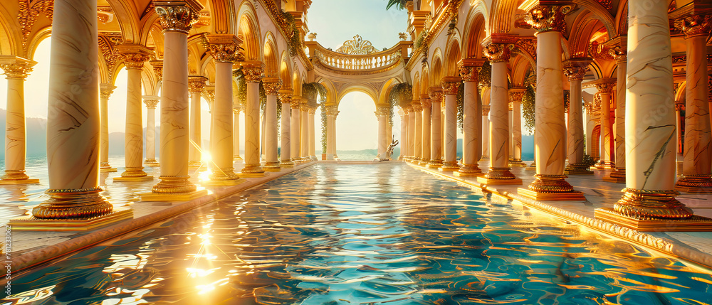 Obraz premium Majestic Mosque with Golden Domes and Intricate Design, Symbolizing the Spiritual Grandeur and Architectural Beauty of Islamic Culture