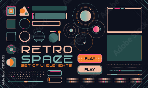 Retro futuristic cosmic illustration set. Game Interfase elements fo HUD in retro futurism style. Good for retro posters, flyers, interfaces. Vector Illustration. EPS10 (ID: 781233092)