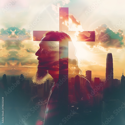 Double exposure image of Jesus Christ, Christian cross and skyscrapers