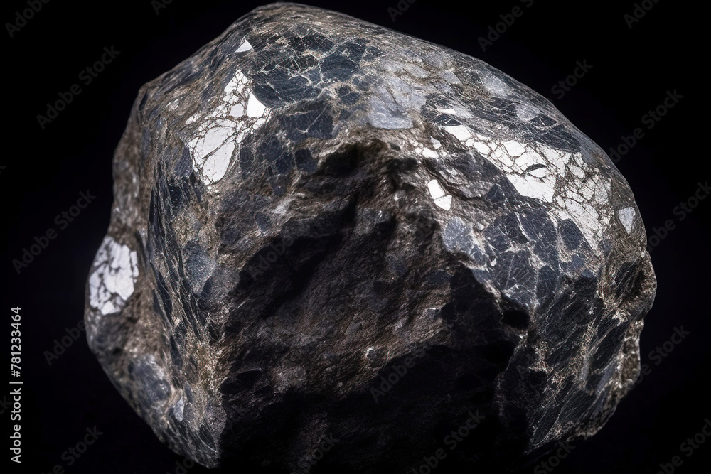 Skutterudite is rare precious natural stone on black background. AI generated. Header banner mockup with space. Skutterudite is rare precious natural stone on black background. AI generated. Header banner mockup with space.