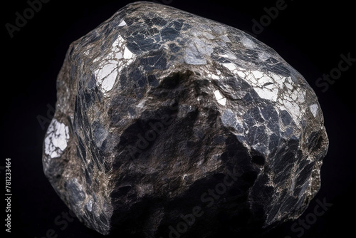 Skutterudite is rare precious natural stone on black background. AI generated. Header banner mockup with space. © Serhii