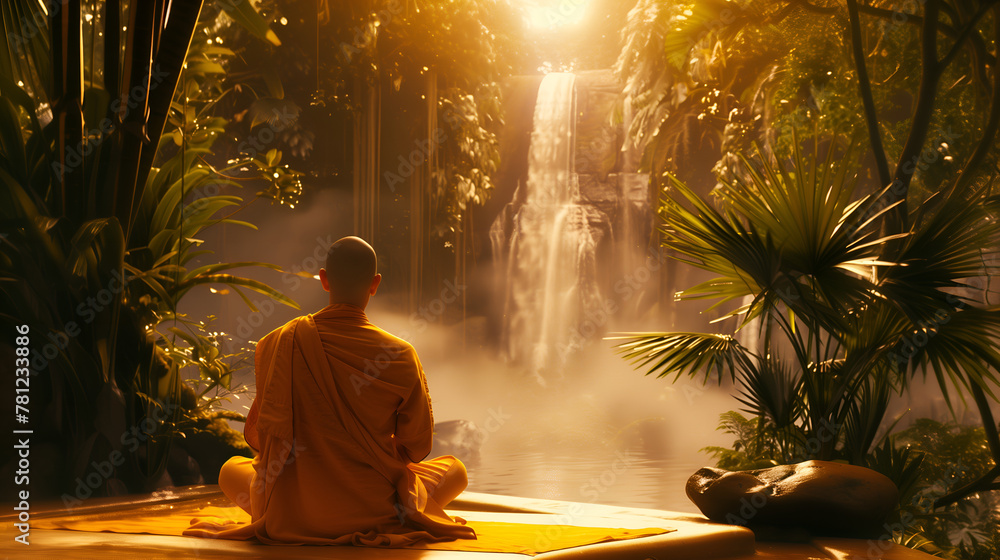 Young Buddhist monk meditating near a waterfall during a beautiful sunset or sunrise