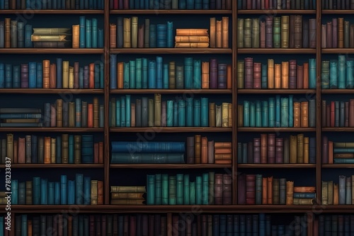 illustration of bookshelves background with stacks of books