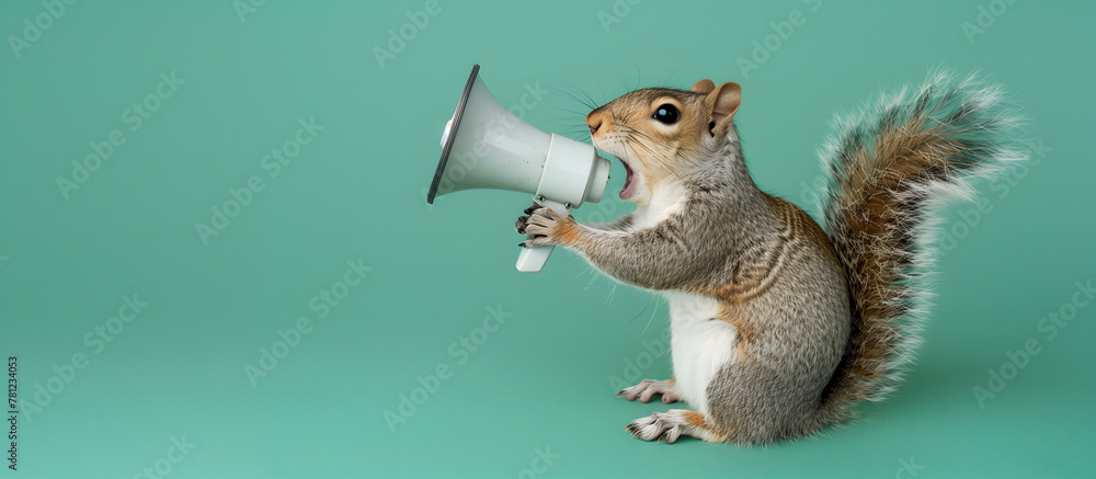 Fototapeta premium Squirrel announcing using megaphone. Notifying, warning, announcement.