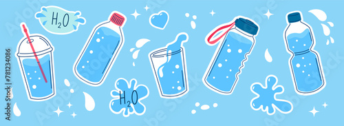 Water in glass, plastic bottle, thermos. Collection of cute flat style vector templates for sticker, patch, badge. 