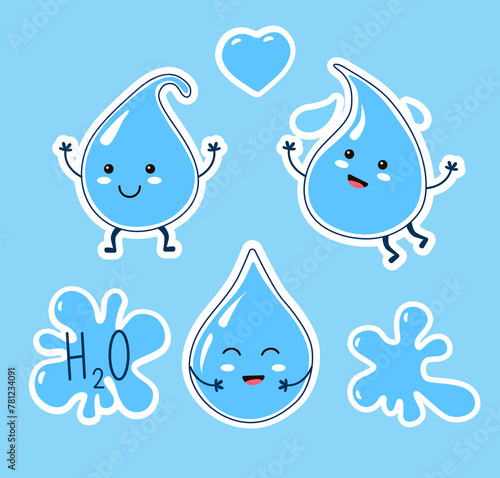 Cute water drops characters set. Vector flat style template for sticker, patch, badge.