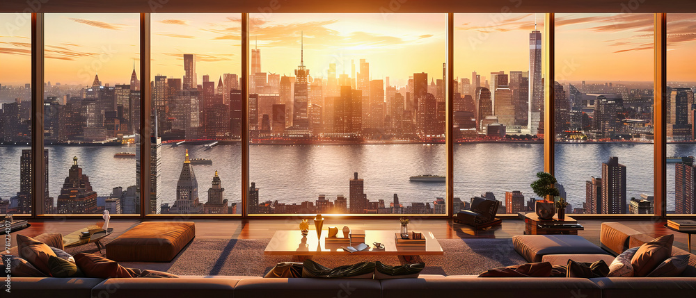 Manhattan Skyline at Sunrise, Panoramic View of Skyscrapers Reflecting the Early Morning Light, Urban Awakening
