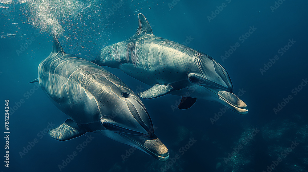 Naklejka premium Aquatic Serenity: As they glide through the water, a sense of serenity envelops the swimmer, their mind and body attuned to the rhythmic pulse of the ocean. In the dolphin's presen
