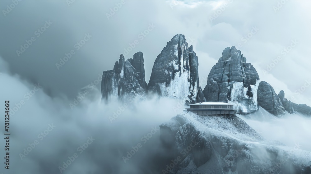 3D rendering of Majestic foggy view of the National Park Tre Cime di Lavaredo with rifugio Locatelli. Dolomites, South Tyrol. Location Auronzo, Italy, Europe. Dramatic scene. Beauty world - obrazy, fototapety, plakaty 