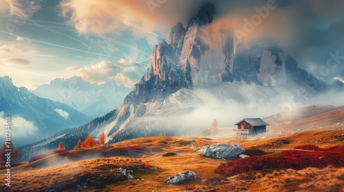 3D rendering of Majestic foggy view of the National Park Tre Cime di Lavaredo with rifugio Locatelli. Dolomites, South Tyrol. Location Auronzo, Italy, Europe. Dramatic scene. Beauty world © Prakakrong