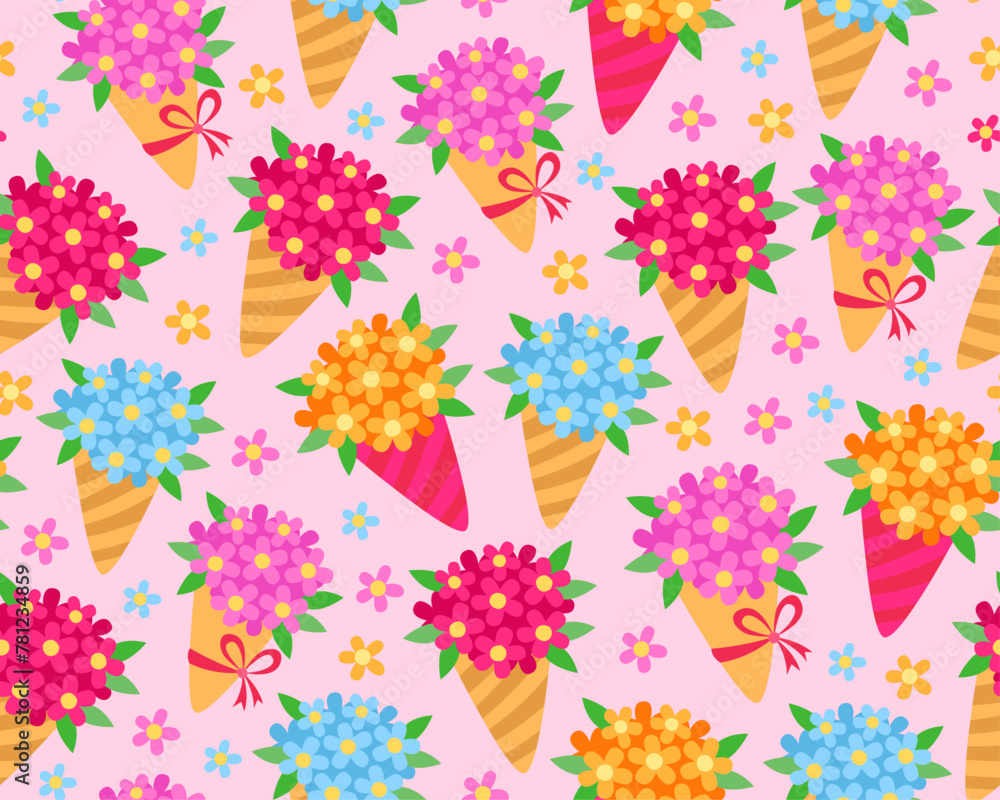 Romantic spring seamless pattern with flowers and bouquets. Yellow, blue, pink flowers. Wrapping paper, fabric, design for Valentine's Day, Birthday, 8 march, mother's day, easter. Pink background.