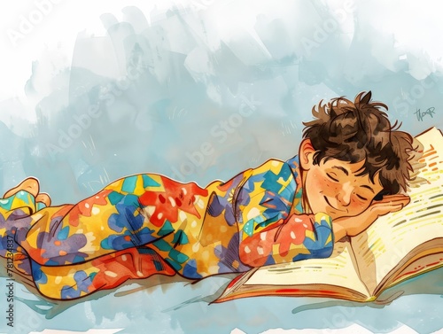 cartoon of A young boy, wearing a colourful nightsuit, lies down on the bed and day dreams in the middle of reading a school textbook at his home photo