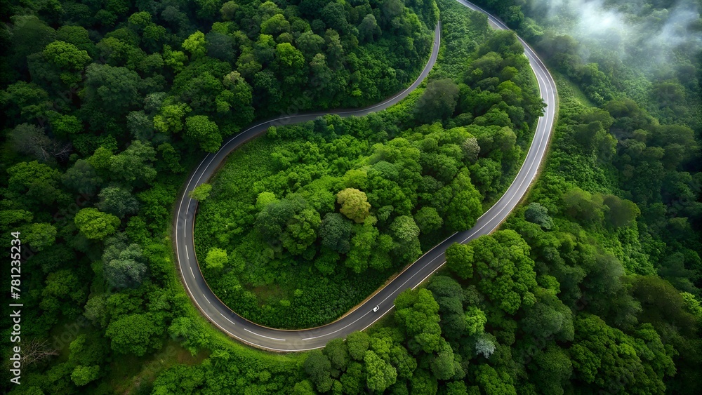 Aerial View of Winding Road Through Lush Forest