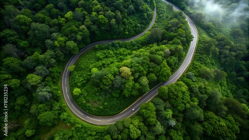 Aerial View of Winding Road Through Lush Forest
