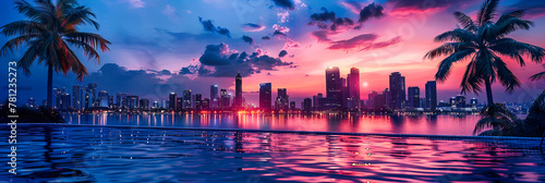 Miami Skyline at Dusk  Waterfront Views with Reflective Buildings  Vibrant Urban Landscape with Sunset Hues