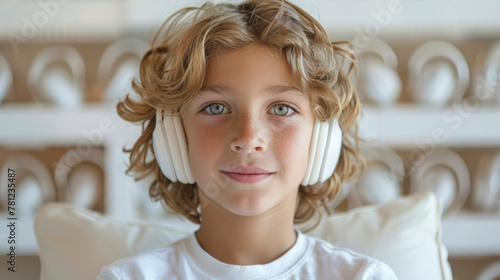 Close-up portrait of a blond boy with green eyes and long wavy hair wearing headphones on a light background