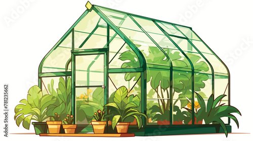 Illustration of a green house with leaves on a whit