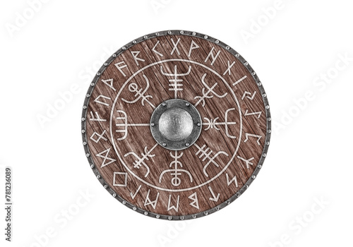 Old wooden round shield decorated with runes isolated on white background