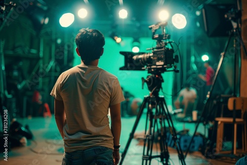 A film crew works on a set, with a cinematographer operating a camera focused on the action in front of a green screen.