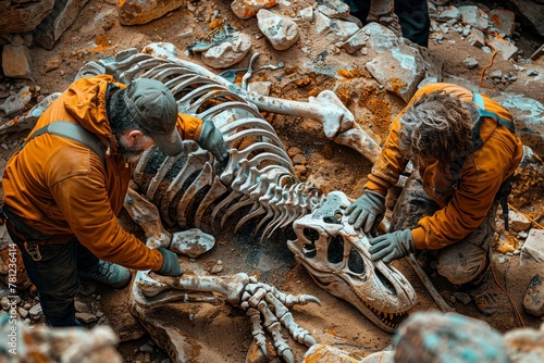 A team of paleontologists is carefully uncovering the skeletal remains of a dinosaur at an archaeological excavation site. photo