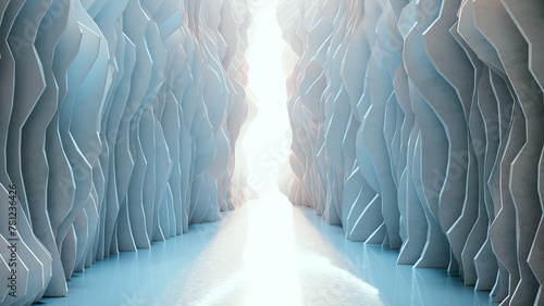 Abstract geometric canyon with reflective surface illuminated by soft sunlight, featuring a smooth, glistening surface and towering icy walls with angular patterns