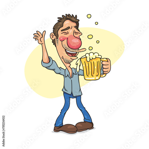 Drunk man with glass of beer, cheerful male. Flat, Poster, Vector, Illustration, Cartoon, EPS10.