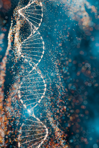 3D illustration of a DNA molecule with sparkling effects symbolizing complexity and genetic diversity. 