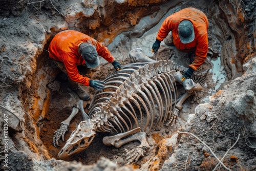 A team of paleontologists is carefully uncovering the skeletal remains of a dinosaur at an archaeological excavation site.