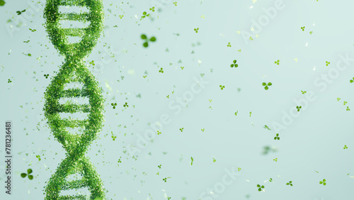 Green DNA double helix structure composed of leaves on a light blue background. Sustainable science and eco-friendly technology concept