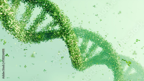 DNA double helix structure made of green leaves on a soft green background. Bioinformatics and green technology concept, eco-scientific design, environmental awareness