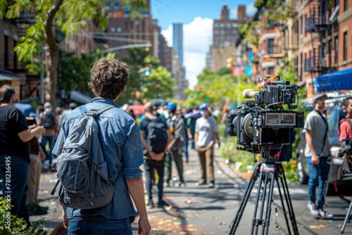 A filmmaker observes as the crew prepares to shoot a scene, with the camera in sharp focus against a backdrop of an urban street setting.