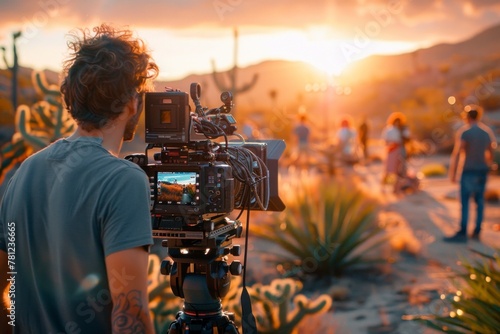 A film crew captures a scene during golden hour with a professional camera, amidst a desert scenery backlit by the setting sun. © photolas