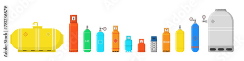 Different gas cylinders isolated on white background. Fuel storage liquefied compressed gas high pressure camping equipment set. Colorful vector illustration in flat style