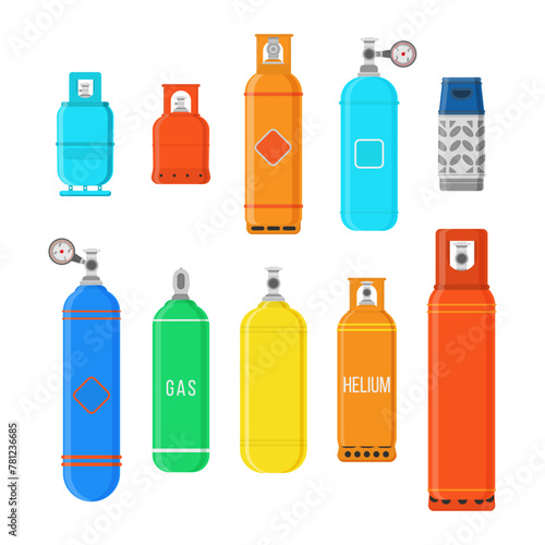 Different gas cylinders isolated on white background. Fuel storage liquefied compressed gas high pressure camping equipment set. Colorful vector illustration in flat style